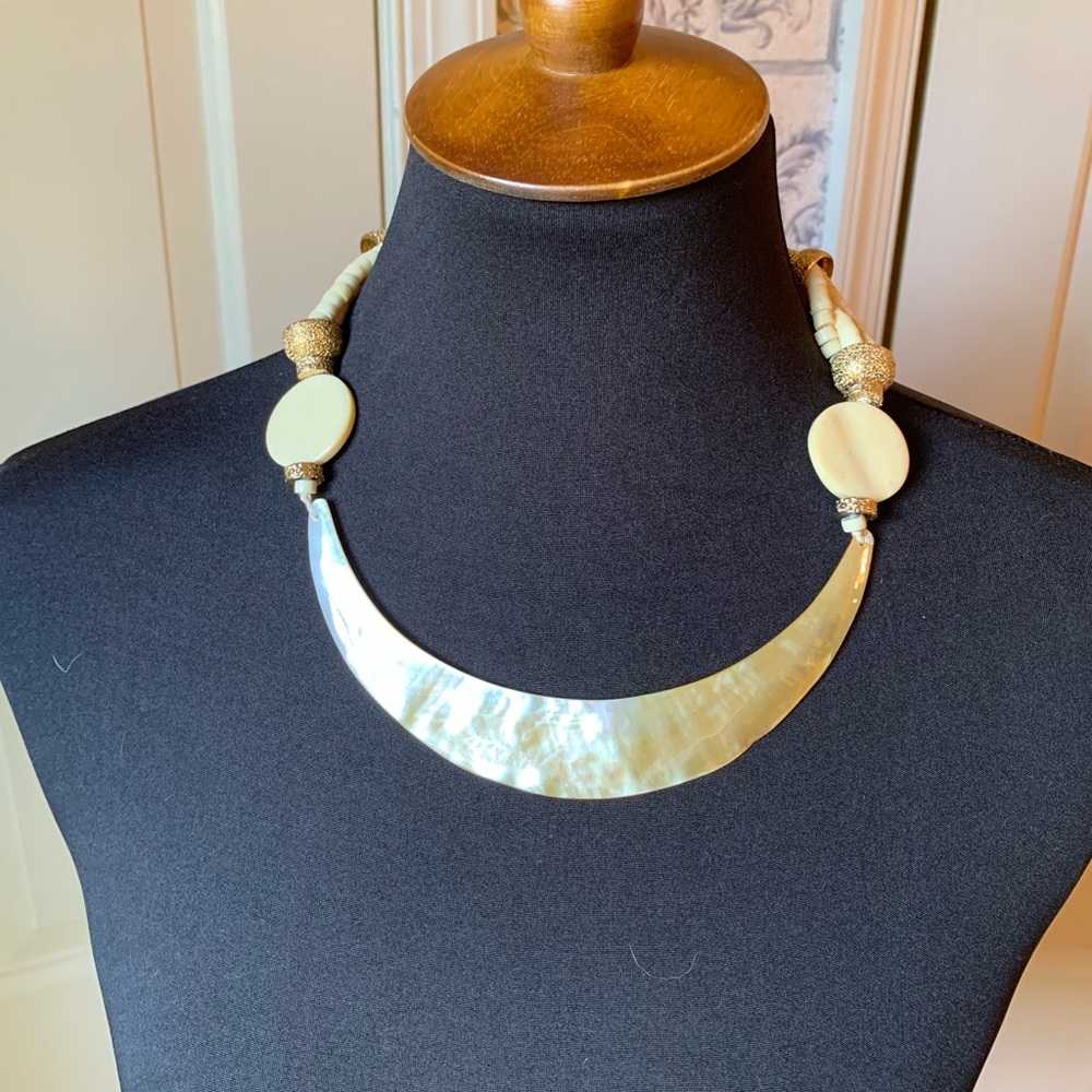 MOTHER OF PEARL AND CARVED BONE NECKLACE